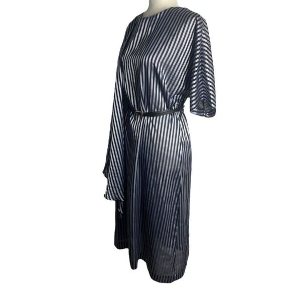 Vintage 80s Slightly Sheer Midi Dress M Blue Stripe Dolman Sleeve Side Ruffle - Picture 5 of 7